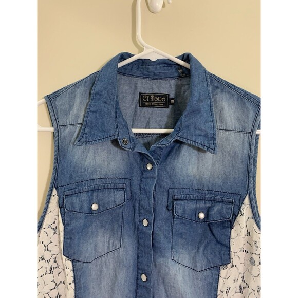 CI SONO Denim Collection Blue Snap Front Sleeveless Top Size M 100% Cotton Lace - Picture 3 of 6
